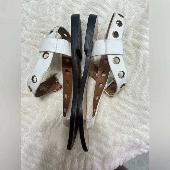 Celine White Leather Grommet Sandals 37.5 Flat Ankle Strap Made in Italy - Picture 9 of 16